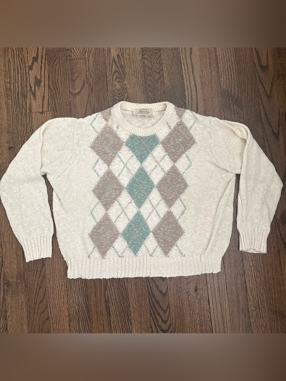 Vintage Blarney Woollen Mills Teal & Cream Argyle Sweater S Linen Cotton Ireland